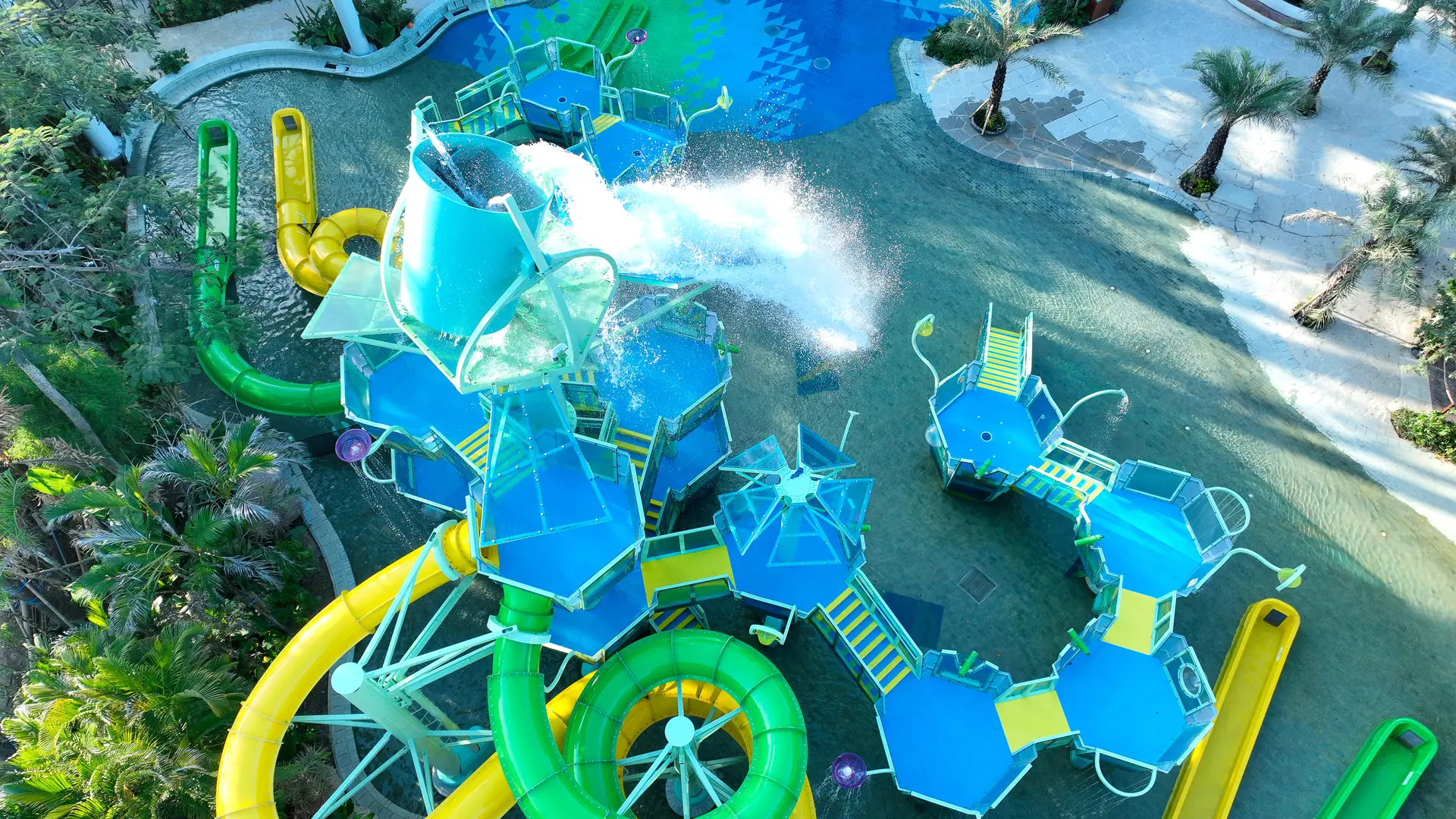 Overhead view of the AquaPlay kids water play structure and tipping bucket at Waterbom Bali